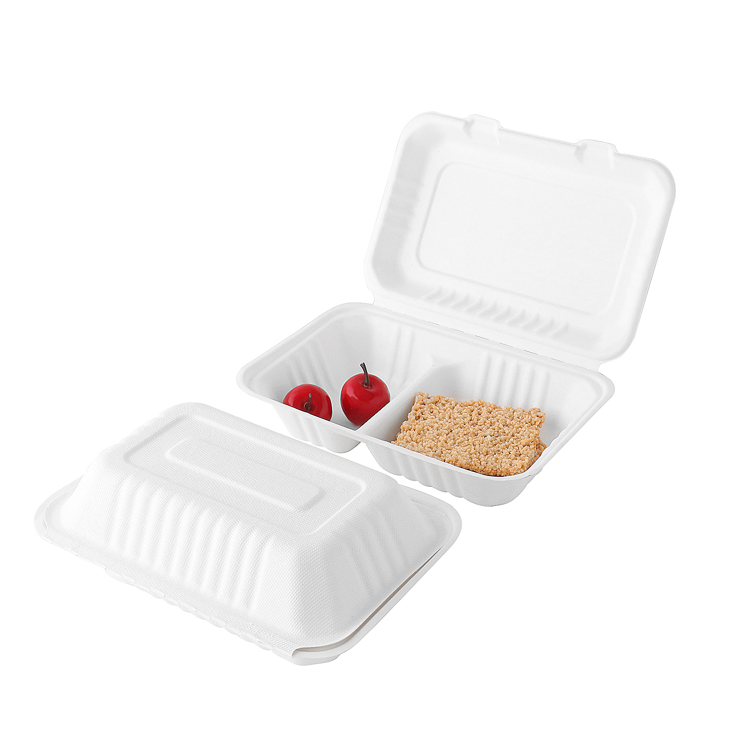 9.8"x6.5" X2.4" Compostable Bagasse Rectangle 2 Compartment Clamshell Boxes